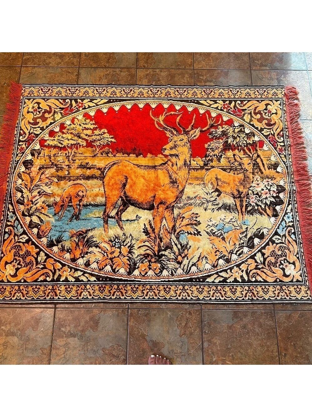 Vintage Large Tapestry Fringed Elk Deer Wall Hanging Cabin Woods 60x48” Sml Flaw